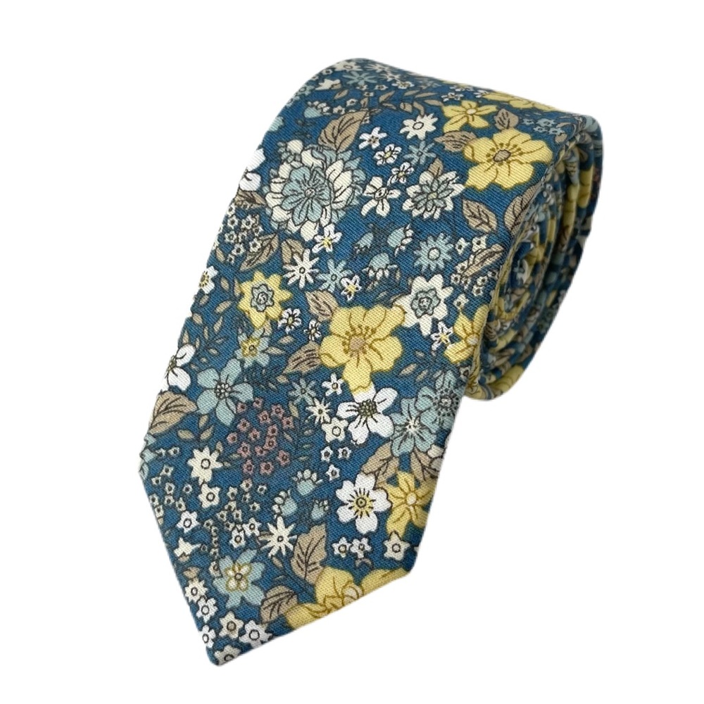 Men's Steel Blue Whimsical Floral Slim Necktie